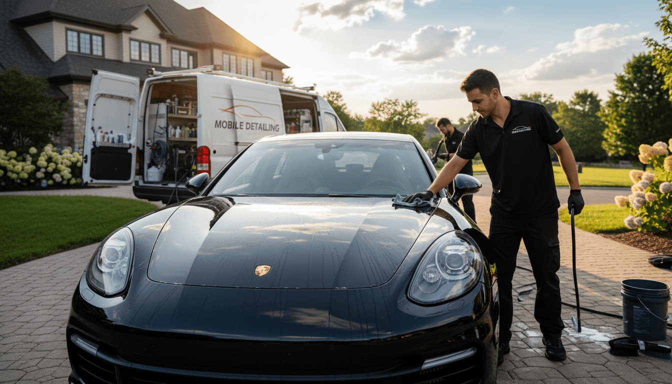 Professional detailer applying wax to a clean, shiny car in a residential driveway