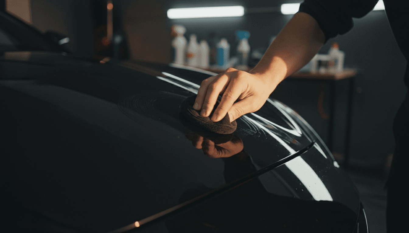 Professional detailer applying wax to a car's polished hood with precision