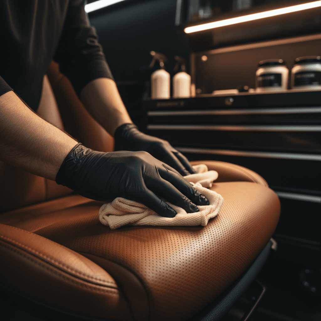 Detailer's hands carefully conditioning premium leather seats with microfiber cloth in warm task lighting