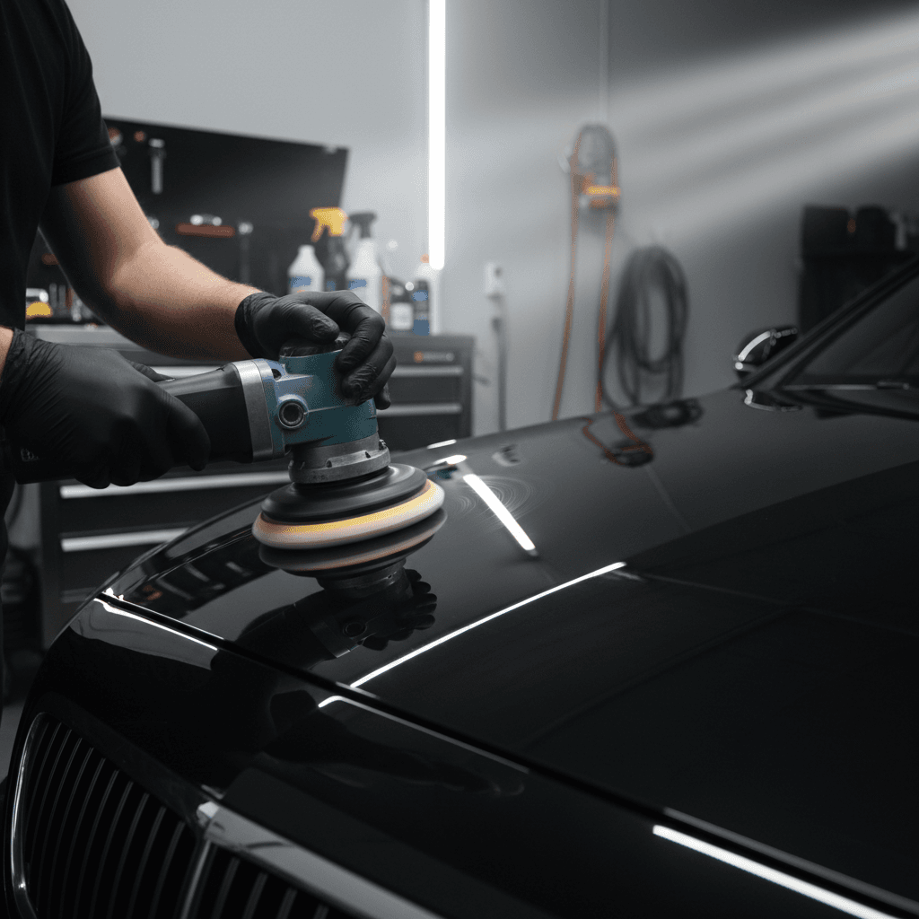 Detailer's gloved hands buffing a black sedan hood with professional rotary polisher under dramatic lighting