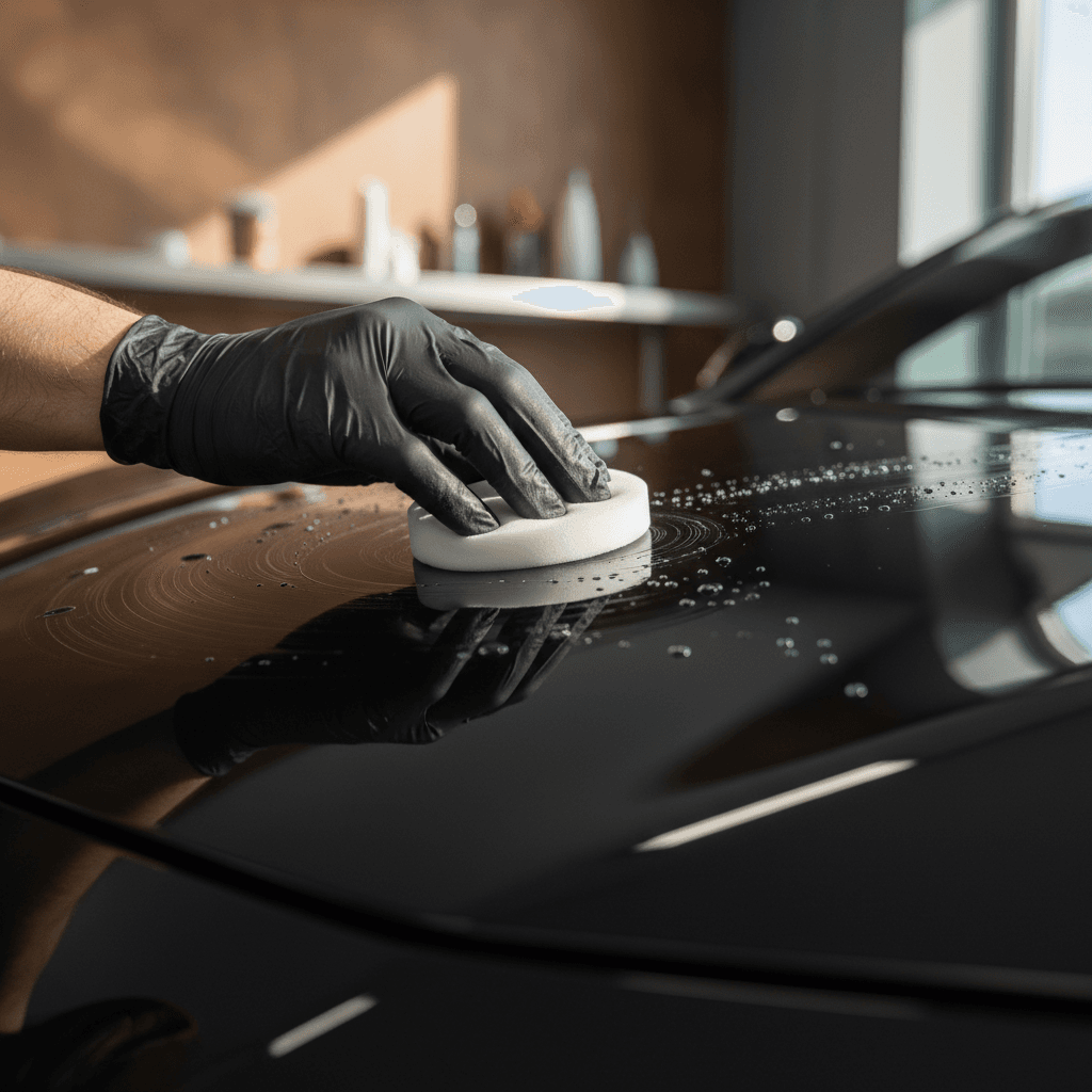 Detail shot of professional hand waxing a car with natural light