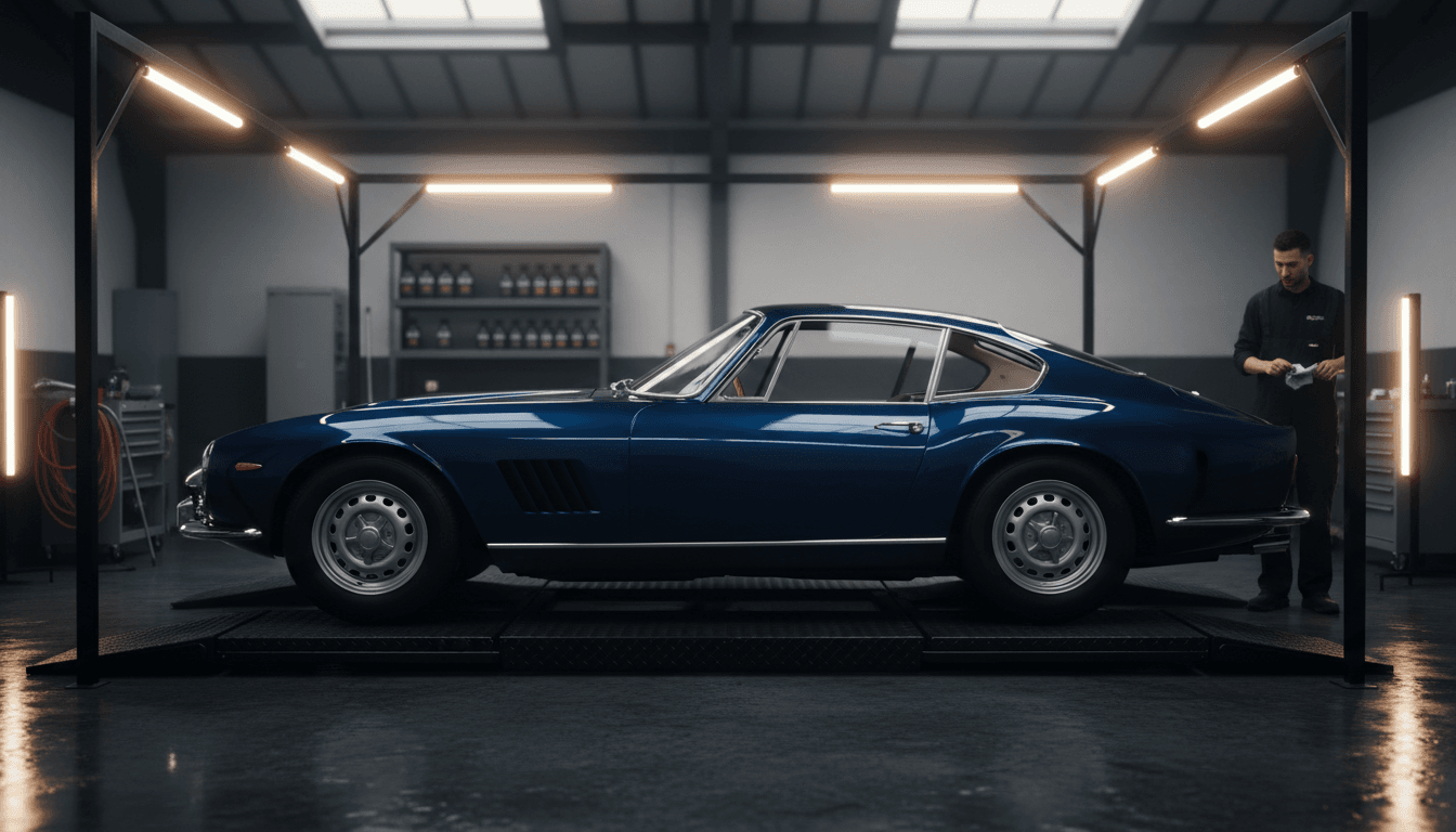 Professional detailing bay with gleaming restored vehicle and technician performing final quality inspection under skylights