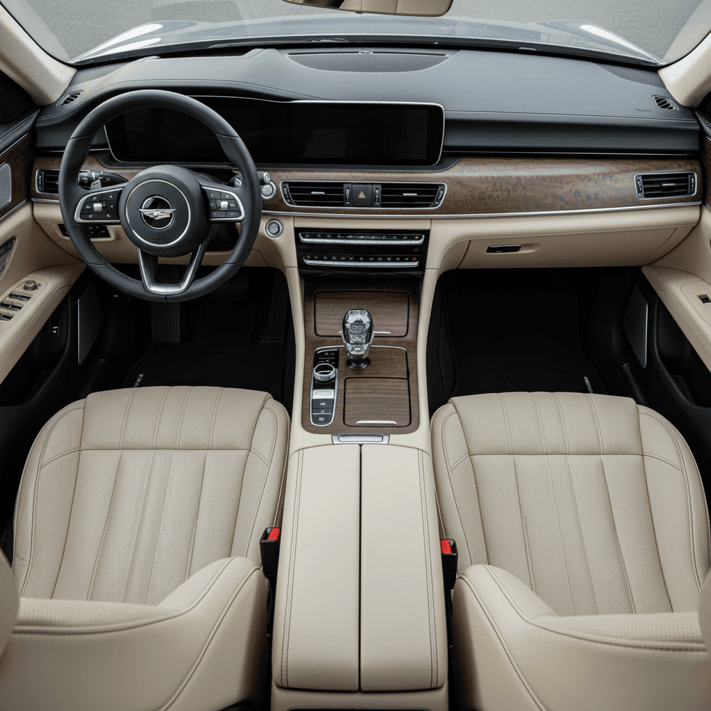Overhead view of luxury vehicle's pristine leather interior with modern dashboard technology, wood trim, and premium seating