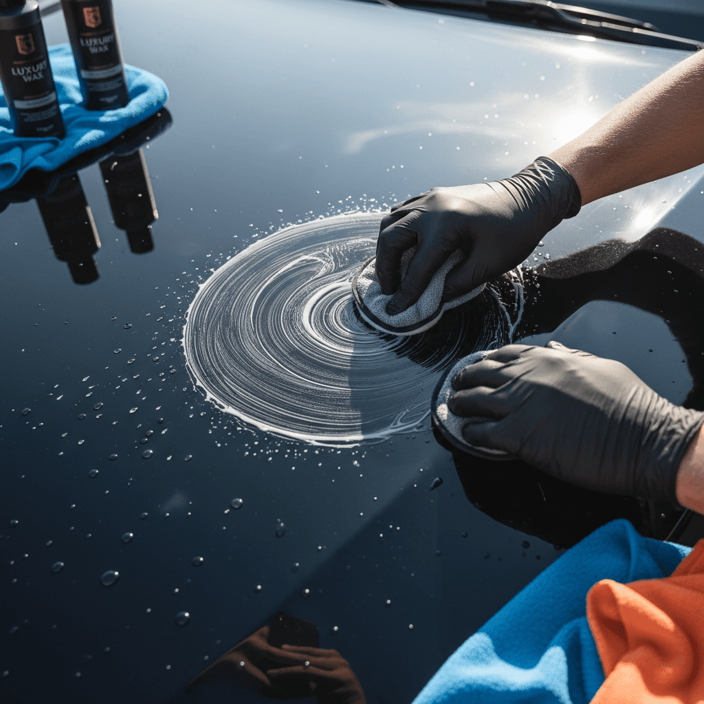 Close-up of professional hand applying wax to car hood during detailing service